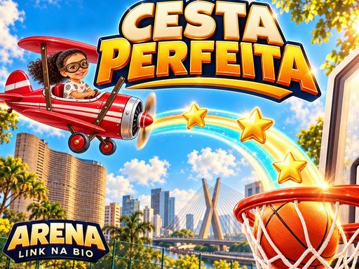 Capa de Cesta Perfeita, com bola de basquete, cesta e cenário de São Paulo
